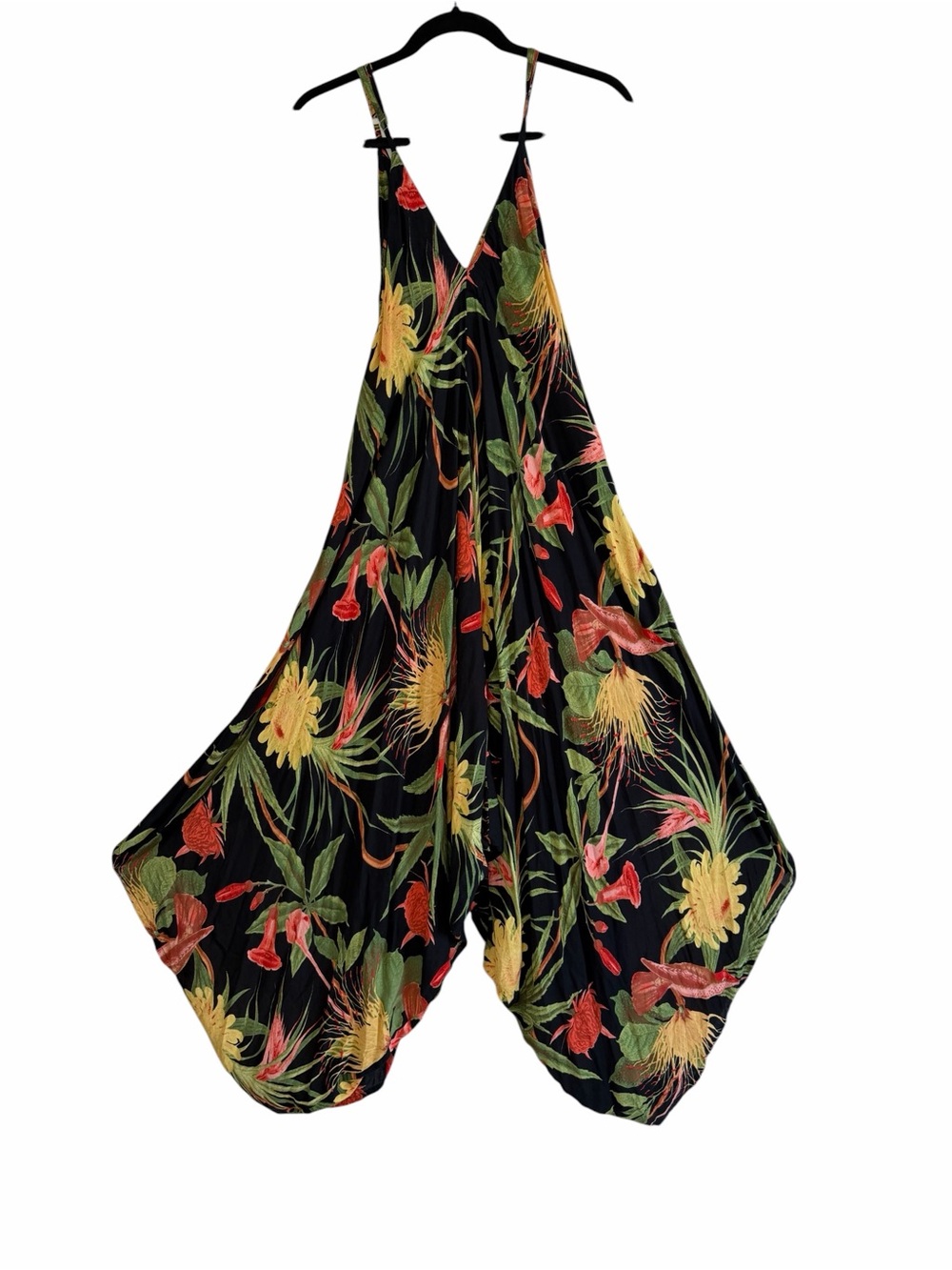 World Market Boho Black Tropical Print Jumpsuit with Yellow & Green Accents - Picture 2 of 12